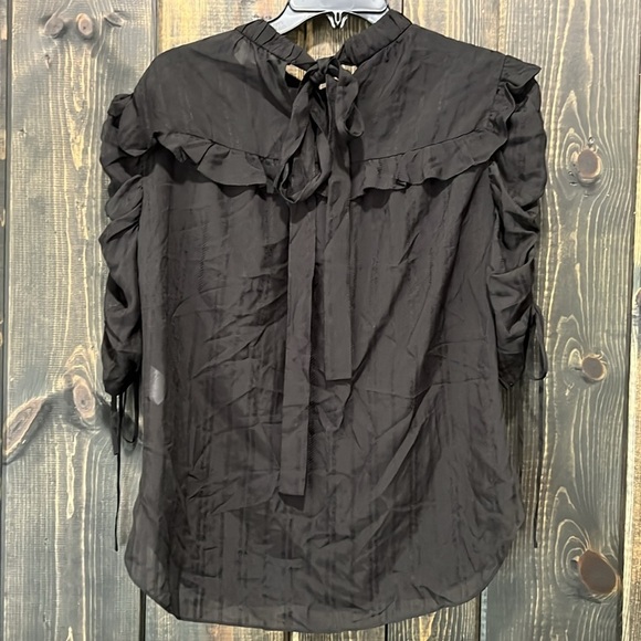 Veronica Beard Silk Top 8 Black Peasant Boho Ruffle Tie Dressy Whimsigoth Office - Picture 5 of 8